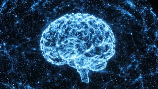 Luminous blue digital brain composed of glowing particles and interconnected nodes against black mind