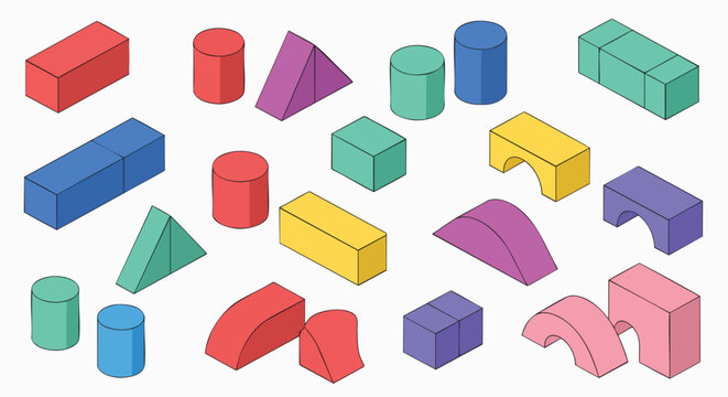 Colorful isometric geometric shapes set building blocks educational toys vector illustration flat design 3d render objects abstract creative art school kids play
