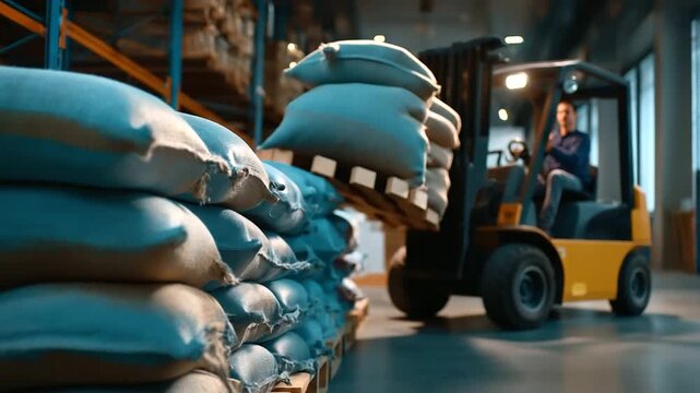 Rows of industrial sacks in sharp focus, faceless forklift operator passing by in gentle defocus, supply chain workflow mood, with copy space