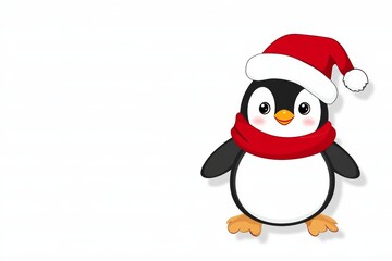 Obraz premium Cartoon penguin wearing red scarf and Santa hat, cheerful holiday spirit with copy space