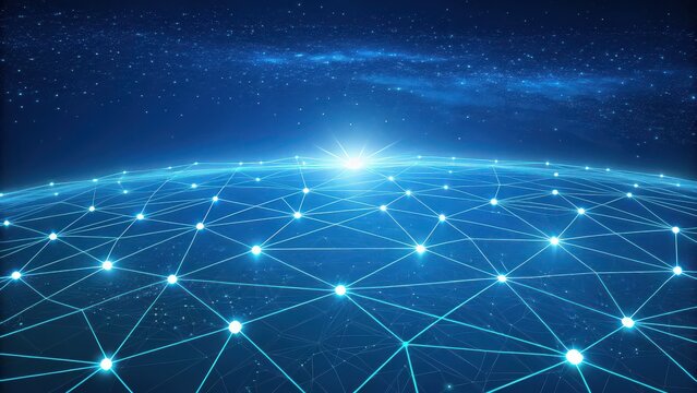 Global network of glowing nodes connects the earth under a starry cosmic sky, symbolizing digital innovation and worldwide communication.