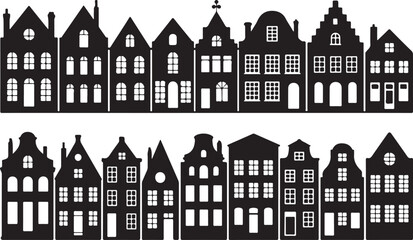 Laser cut Amsterdam style houses. Silhouette of row typical Dutch canal houses in the Netherlands. Stylized facade of old buildings. Wood carving, paper cut vector template. Background for banner
