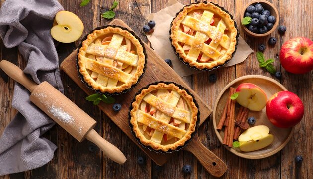 Delicious mini apple pies with lattice crust on wooden table.
