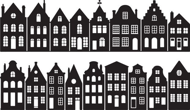 Laser cut Amsterdam style houses. Silhouette of row typical Dutch canal houses in the Netherlands. Stylized facade of old buildings. Wood carving, paper cut vector template. Background for banner