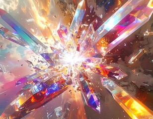 A vibrant, abstract composition bursting with prismatic crystal shards emanating from a central, radiant light source