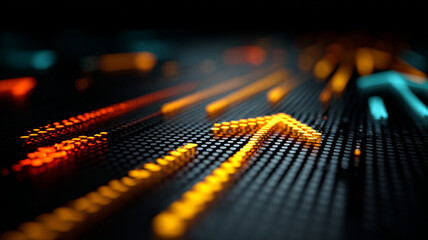 Glowing arrow on textured surface symbolizes reverse marketing concept with illuminated orange direction and futuristic bokeh lighting evoking strategy motion and digital transformation