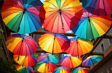 Many bright rainbow umbrellas hang above street. Colorful sunshades create vivid canopy. Festive decoration for outdoor event or summer festival.