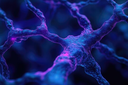 A vibrant, glowing neural network or complex organic structure, illuminated with sparkling blue and magenta light against a dark background.