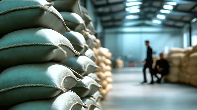 Woven industrial bags stacked tightly, faceless silhouette of a worker walking past in background blur, minimalistic warehouse scene, with copy space
