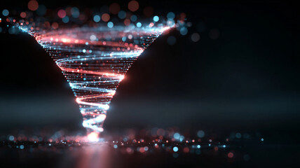 Luminous spiral funnel of glowing particles forms reverse marketing concept with vibrant blue and red bokeh lights creating dynamic motion and futuristic energy