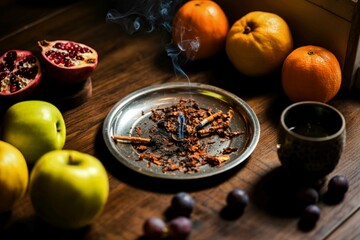 Still life of apples pomegranate grapes and an ashtray with cigarettes