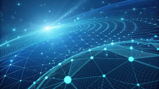 Gleaming digital network grid with glowing nodes and bright light flare, symbolizing global connection and futuristic technology. - Powered by Adobe