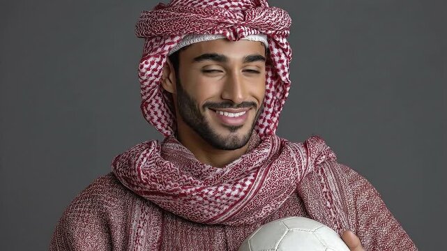 Man smiles in traditional Arab garb white soccer ball in hand