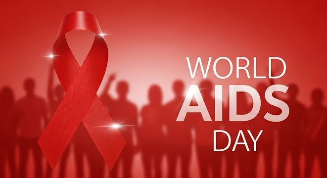 World aids day awareness with red ribbon and blurred people silhouettes on red background to promote support and solidarity for people living with hiv