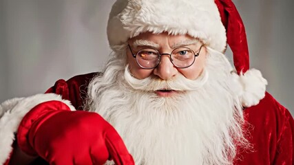 Cheerful santa claus with a white beard and red suit pointing down with a gloved hand against a neutral backdrop embodying the spirit of christmas and holiday cheer for festive designs