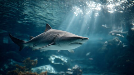 Naklejka premium danger big shark under blue water sea