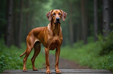 Rhodesian Ridgeback stands in forest. Proud dog looks at camera. Strong breed stands on wooden platform. Green nature background. Portrait of purebred mammal outdoors at daytime. One animal on way.