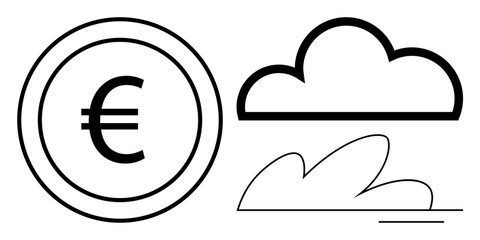 Black and white Euro coin with cloud and wave outlines. Ideal for economy, fintech, savings, sustainability, online banking, cryptocurrency, minimal design. A simple flat metaphor
