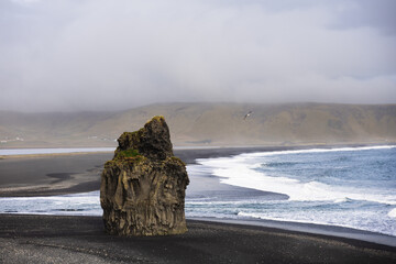 Basalt Sea Stack on a Black Sand Beach in Iceland