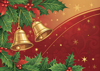 Christmas background with golden bells and holly leaves on red gradient