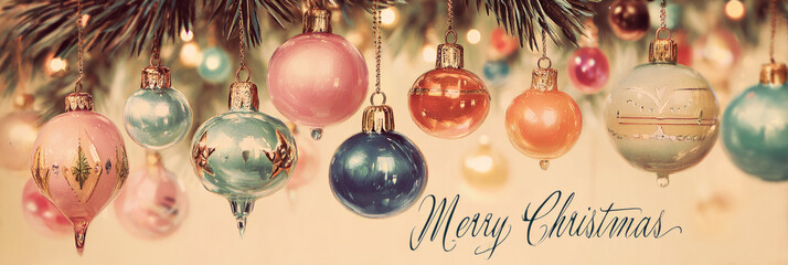 Colorful retro ornaments from the 50s and 60s dangle from a Christmas tree, surrounded by twinkling lights, capturing the joyful spirit of the holiday season, banner
