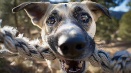 Dog pulls on a rope toy in the forest. Close up view focuses on bright eyes and playful energy.