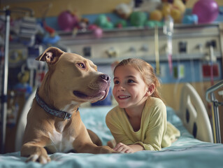 Girl and dog lie on a hospital bed in a hospital room. The girl smiles at the dog as colorful balloons hang above.