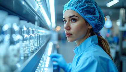 Focused scientist in sterile lab coat and cap meticulously examining pharmaceutical vials under bright, modern lighting.