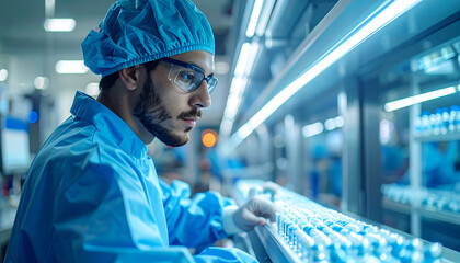 Focused scientist in cleanroom examining rows of vials under bright sterile lights, ensuring quality control in pharmaceutical production.