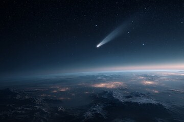 comet flying in the night sky with copy space