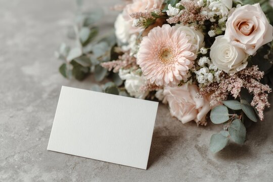 beautiful bouquet of flowers and blank card with copy space