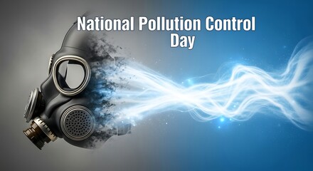 Conceptual image for national pollution control day with a gas mask emitting blue light, symbolizing environmental protection and awareness