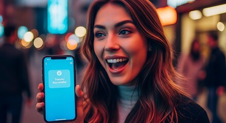 Joyful Woman Showcases Smartphone with Bright Blue Screen in Vibrant Urban Night Setting, Highlighting Digital Connection and Excitement