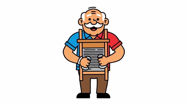 Animated video featuring an old man happily playing a washboard musical instrument with enthusiasm