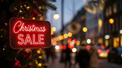 A glowing red neon sign hanging from a decorated pine christmas tree advertising a seasonal sale in a city street with bokeh lights and blurred people shopping for gifts during the winter holiday seas - Powered by Adobe