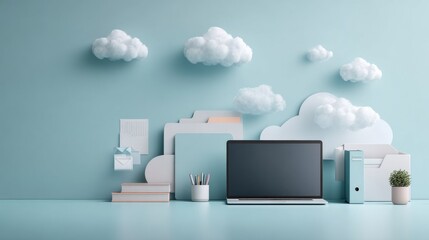 cloud storage concept background with laptop, clouds and files icons