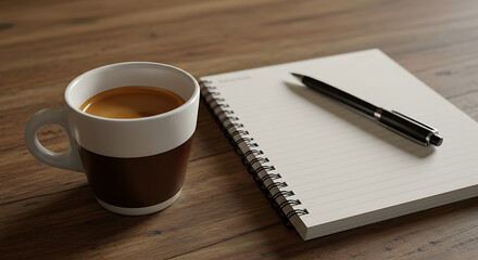 A steaming cup of coffee rests beside an open notebook and pen, ready for creative thoughts or daily planning on a wooden surface