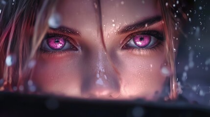 Close-up of Mysterious Eyes with Pink Glow in Rainy Atmosphere. The image captures intense emotion and drama, enhanced by water droplets and a moody atmosphere.