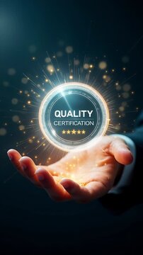 A quality certification approval standard guarantee assurance control audit compliance business badge seal award five star rating excellence trust reliable validation secure premium service glowing