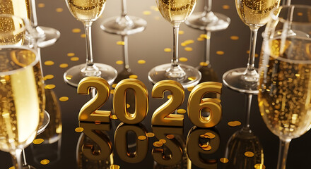 Detailed close-up of metallic gold "2026" and confetti, capturing a sophisticated and celebratory holiday atmosphere.