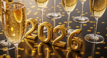 Abstract background image showcasing a vibrant New Year countdown with bright gold typography and glassware.