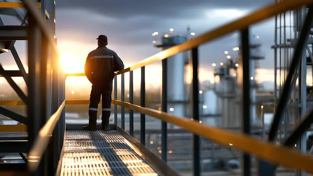 Faceless silhouette of a worker on a metal walkway, sunlight producing sharp geometric shadows, blurred industrial structures around, with copy space