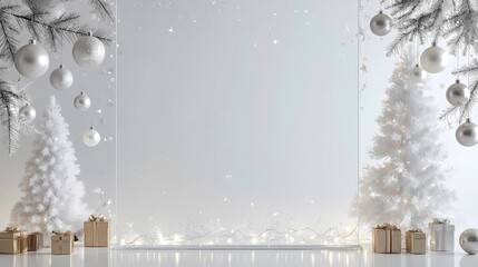 Luxury frosted glass Christmas card background with translucent ornaments, silver and pearl accents, a delicate modern Christmas tree, neatly arranged white-gold gifts, soft glowing lights, and a larg