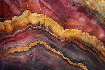 A stunning abstract texture featuring rich red, deep purple, and dark tones interwoven with shimmering, wavy gold veins, creating a luxurious mineral effect.