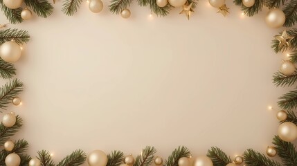 
16:9 soft beige and champagne quiet luxury Christmas background for skincare products, minimal matte ornaments on the borders, subtle golden edges, pastel gift boxes at the bottom, warm diffused ligh