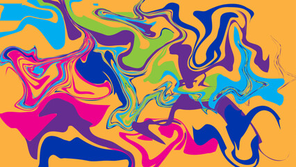Colorful abstract painting with swirling shapes and vibrant hues of blue, green, purple, and pink against a warm orange background, creating a dynamic and modern design