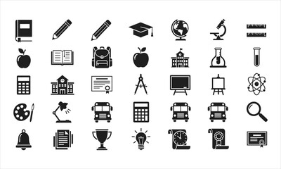 Set of black vector icons representing education and learning. Includes symbols of books, pencil, graduation cap, backpack, microscope, diploma, idea, brain, computer, school desk, globe, and certific