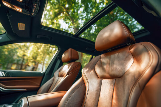 Premium car interior featuring luxurious brown leather seats and a panoramic sunroof with natural sunlight filtering through green trees outside