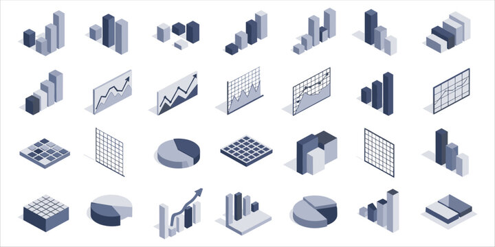 Modern isometric 3D infographic collection with charts, graphs, bar diagrams, and data visualizations. Perfect for business reports, dashboards, finance presentations, UI/UX designs, and corporate