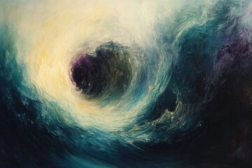 An abstract painting depicting a swirling vortex of deep blues and teals, highlighted by a radiant golden core, evoking powerful cosmic or oceanic energy.